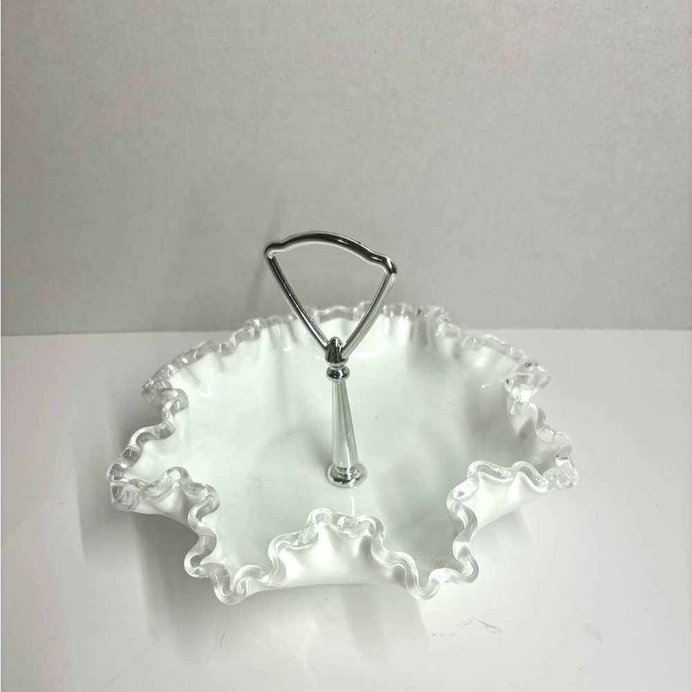 Vintage Fenton Silver Crest milk glass candy dish ruffled edge metal handle